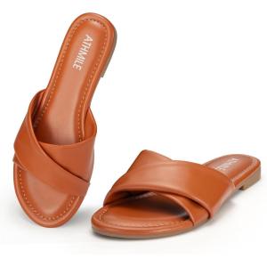 imageATHMILE Sandals Women Dressy Summer Flat Comfortable Fashion Beach Cute Ladies Slides Leather Casual Dress Womens Sandals 2025 Size 611All Brown