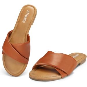imageATHMILE Sandals Women Dressy Summer Flat Comfortable Fashion Beach Cute Ladies Slides Leather Casual Dress Womens Sandals 2025 Size 611Brown