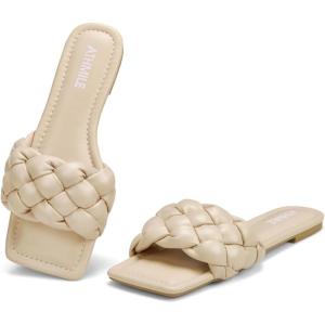 imageATHMILE Braided Womens Sandals Square Open Toe Fashion Slide Sandals Women Dressy Summer Flat Beach 2025 Size 611Beige