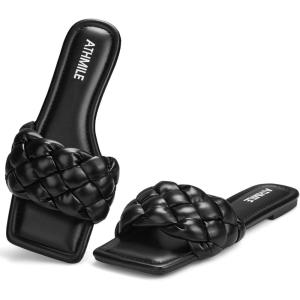 imageATHMILE Braided Womens Sandals Square Open Toe Fashion Slide Sandals Women Dressy Summer Flat Beach 2025 Size 611Black