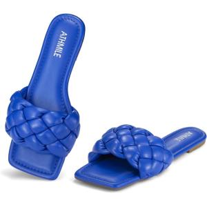 imageATHMILE Braided Womens Sandals Square Open Toe Fashion Slide Sandals Women Dressy Summer Flat Beach 2025 Size 611Blue