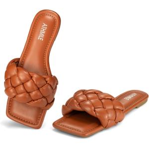 imageATHMILE Braided Womens Sandals Square Open Toe Fashion Slide Sandals Women Dressy Summer Flat Beach 2025 Size 611Brown