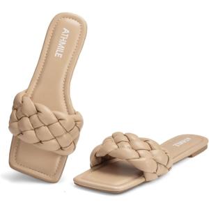 imageATHMILE Braided Womens Sandals Square Open Toe Fashion Slide Sandals Women Dressy Summer Flat Beach 2025 Size 611Nude
