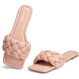 imageATHMILE Braided Womens Sandals Square Open Toe Fashion Slide Sandals Women Dressy Summer Flat Beach 2025 Size 611Pink