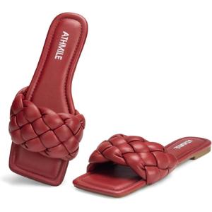 imageATHMILE Braided Womens Sandals Square Open Toe Fashion Slide Sandals Women Dressy Summer Flat Beach 2025 Size 611Winered