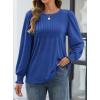 imageATHMILE Womens Long Sleeve Shirts Crew Neck Tops Pleated Business Casual Blouses with Smocked Cuffs Trendy TShirtsBlue