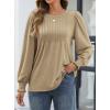 imageATHMILE Womens Long Sleeve Shirts Crew Neck Tops Pleated Business Casual Blouses with Smocked Cuffs Trendy TShirtsKhaki