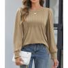 imageATHMILE Womens Long Sleeve Shirts Crew Neck Tops Pleated Business Casual Blouses with Smocked Cuffs Trendy TShirtsKhaki