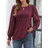 imageATHMILE Womens Long Sleeve Shirts Crew Neck Tops Pleated Business Casual Blouses with Smocked Cuffs Trendy TShirtsWine Red