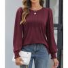 imageATHMILE Womens Long Sleeve Shirts Crew Neck Tops Pleated Business Casual Blouses with Smocked Cuffs Trendy TShirtsWine Red