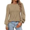 imageATHMILE Womens Long Sleeve Shirts Crew Neck Tops Pleated Business Casual Blouses with Smocked Cuffs Trendy TShirtsKhaki