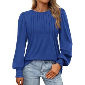 imageATHMILE Womens Long Sleeve Shirts Crew Neck Tops Pleated Business Casual Blouses with Smocked Cuffs Trendy TShirtsBlue
