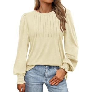 imageATHMILE Womens Long Sleeve Shirts Crew Neck Tops Pleated Business Casual Blouses with Smocked Cuffs Trendy TShirtsCream