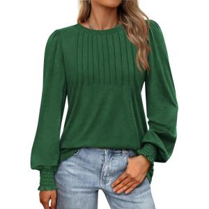 imageATHMILE Womens Long Sleeve Shirts Crew Neck Tops Pleated Business Casual Blouses with Smocked Cuffs Trendy TShirtsGreen