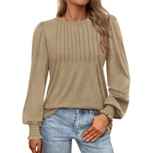 imageATHMILE Womens Long Sleeve Shirts Crew Neck Tops Pleated Business Casual Blouses with Smocked Cuffs Trendy TShirtsKhaki