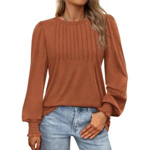 imageATHMILE Womens Long Sleeve Shirts Crew Neck Tops Pleated Business Casual Blouses with Smocked Cuffs Trendy TShirtsMaple