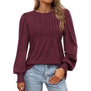 imageATHMILE Womens Long Sleeve Shirts Crew Neck Tops Pleated Business Casual Blouses with Smocked Cuffs Trendy TShirtsWine Red