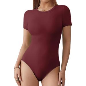 imageATHMILE Womens Round Neck Short Sleeve T Shirts Basic BodysuitsBurgundy