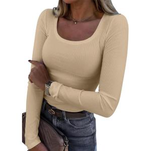 imageATHMILE Womens Tops Ribbed Scoop Neck Knit Slim Fitted Casual Basic Tee Shirts for Women Fashion Trendy 2025Abeige