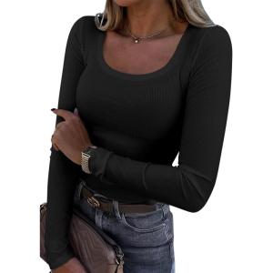 imageATHMILE Womens Tops Ribbed Scoop Neck Knit Slim Fitted Casual Basic Tee Shirts for Women Fashion Trendy 2025Ablack