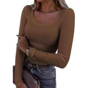 imageATHMILE Womens Tops Ribbed Scoop Neck Knit Slim Fitted Casual Basic Tee Shirts for Women Fashion Trendy 2025Abrown