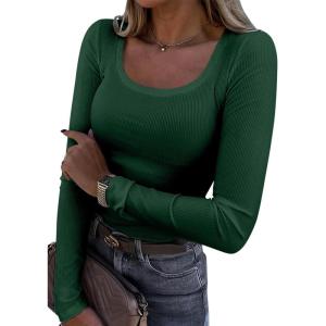imageATHMILE Womens Tops Ribbed Scoop Neck Knit Slim Fitted Casual Basic Tee Shirts for Women Fashion Trendy 2025Adark Green