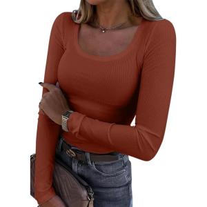 imageATHMILE Womens Tops Ribbed Scoop Neck Knit Slim Fitted Casual Basic Tee Shirts for Women Fashion Trendy 2025Adark Orange