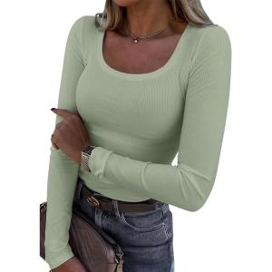 imageATHMILE Womens Tops Ribbed Scoop Neck Knit Slim Fitted Casual Basic Tee Shirts for Women Fashion Trendy 2025Agrass Green