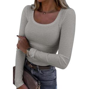 imageATHMILE Womens Tops Ribbed Scoop Neck Knit Slim Fitted Casual Basic Tee Shirts for Women Fashion Trendy 2025Aheather Grey