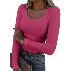 imageATHMILE Womens Tops Ribbed Scoop Neck Knit Slim Fitted Casual Basic Tee Shirts for Women Fashion Trendy 2025Ahot Pink