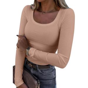 imageATHMILE Womens Tops Ribbed Scoop Neck Knit Slim Fitted Casual Basic Tee Shirts for Women Fashion Trendy 2025Apink