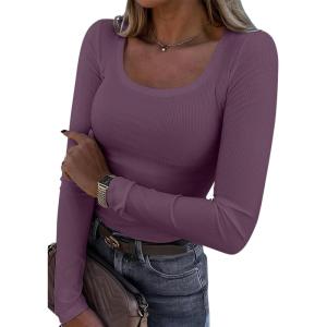 imageATHMILE Womens Tops Ribbed Scoop Neck Knit Slim Fitted Casual Basic Tee Shirts for Women Fashion Trendy 2025Apurple