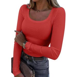 imageATHMILE Womens Tops Ribbed Scoop Neck Knit Slim Fitted Casual Basic Tee Shirts for Women Fashion Trendy 2025Ared