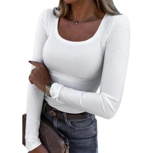 imageATHMILE Womens Tops Ribbed Scoop Neck Knit Slim Fitted Casual Basic Tee Shirts for Women Fashion Trendy 2025Awhite