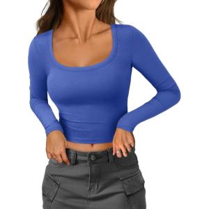imageATHMILE Womens Tops Ribbed Scoop Neck Knit Slim Fitted Casual Basic Tee Shirts for Women Fashion Trendy 2025Bblue