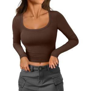 imageATHMILE Womens Tops Ribbed Scoop Neck Knit Slim Fitted Casual Basic Tee Shirts for Women Fashion Trendy 2025Bchocolate Brown