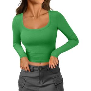 imageATHMILE Womens Tops Ribbed Scoop Neck Knit Slim Fitted Casual Basic Tee Shirts for Women Fashion Trendy 2025Bgreen