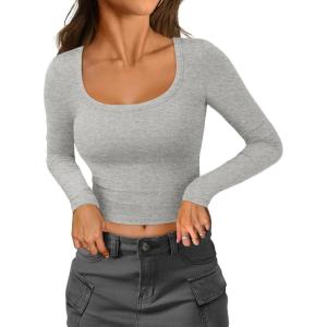 imageATHMILE Womens Tops Ribbed Scoop Neck Knit Slim Fitted Casual Basic Tee Shirts for Women Fashion Trendy 2025Bgrey