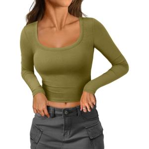 imageATHMILE Womens Tops Ribbed Scoop Neck Knit Slim Fitted Casual Basic Tee Shirts for Women Fashion Trendy 2025Bolive Green