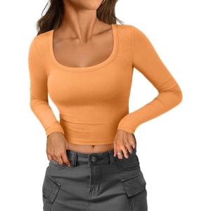 imageATHMILE Womens Tops Ribbed Scoop Neck Knit Slim Fitted Casual Basic Tee Shirts for Women Fashion Trendy 2025Borange