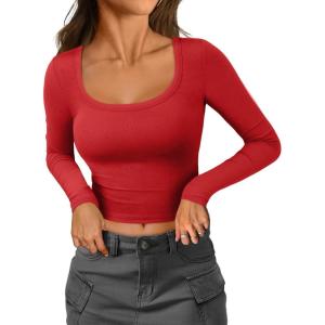 imageATHMILE Womens Tops Ribbed Scoop Neck Knit Slim Fitted Casual Basic Tee Shirts for Women Fashion Trendy 2025Bred