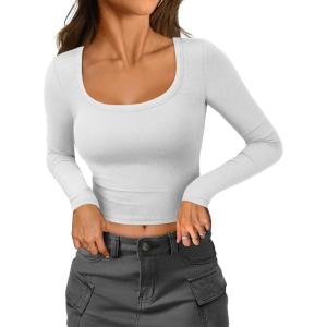 imageATHMILE Womens Tops Ribbed Scoop Neck Knit Slim Fitted Casual Basic Tee Shirts for Women Fashion Trendy 2025Bwhite