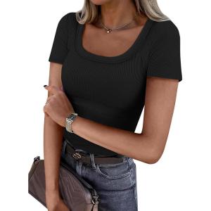 imageATHMILE Womens Tops Ribbed Scoop Neck Knit Slim Fitted Casual Basic Tee Shirts for Women Fashion Trendy 2025Cblack