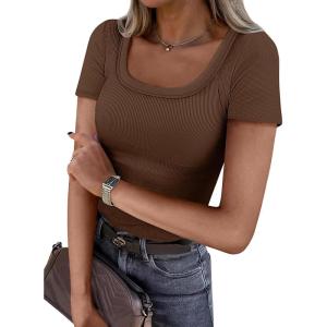 imageATHMILE Womens Tops Ribbed Scoop Neck Knit Slim Fitted Casual Basic Tee Shirts for Women Fashion Trendy 2025Cbrown
