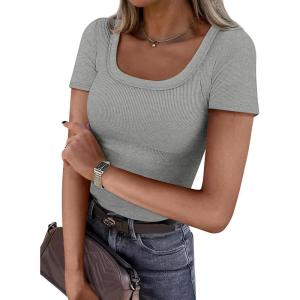 imageATHMILE Womens Tops Ribbed Scoop Neck Knit Slim Fitted Casual Basic Tee Shirts for Women Fashion Trendy 2025Cheather Grey