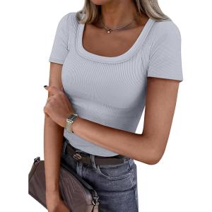 imageATHMILE Womens Tops Ribbed Scoop Neck Knit Slim Fitted Casual Basic Tee Shirts for Women Fashion Trendy 2025Clight Blue