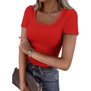 imageATHMILE Womens Tops Ribbed Scoop Neck Knit Slim Fitted Casual Basic Tee Shirts for Women Fashion Trendy 2025Cred