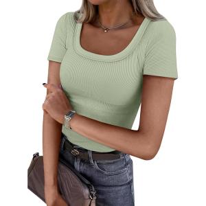imageATHMILE Womens Tops Ribbed Scoop Neck Knit Slim Fitted Casual Basic Tee Shirts for Women Fashion Trendy 2025Csage Green