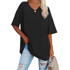 imageATHMILE Womens Summer Oversized Shirts V Neck Business Casual Workout Tops Beach Vacation 2025 Gym ClothesBlack