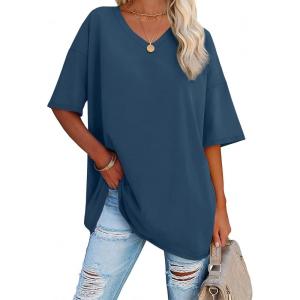 imageATHMILE Womens Summer Oversized Shirts V Neck Business Casual Workout Tops Beach Vacation 2025 Gym ClothesBlue